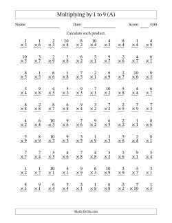 Multiplying (1 to 10) by 1 to 9 (100 Questions)