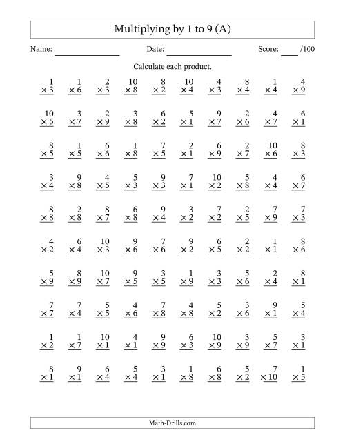 100 Vertical Questions -- Multiplication Facts -- 1-9 by 1-10 (A)