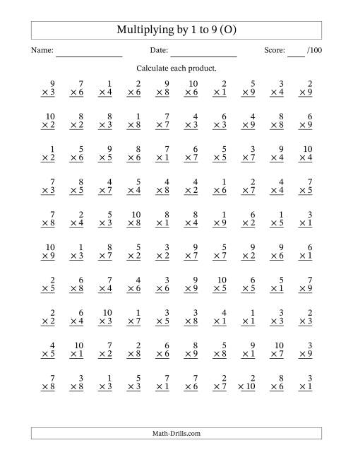 The Multiplying (1 to 10) by 1 to 9 (100 Questions) (O) Math Worksheet