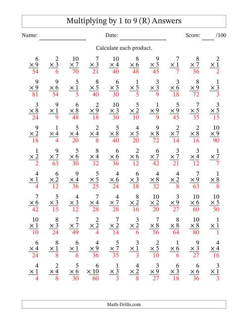 The Multiplying (1 to 10) by 1 to 9 (100 Questions) (R) Math Worksheet Page 2