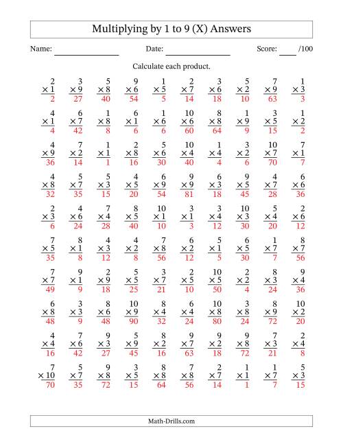 100 vertical questions multiplication facts 1 9 by 1 10 x