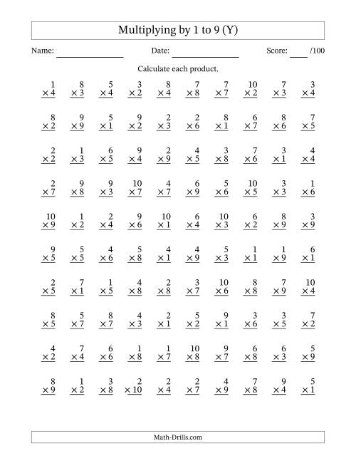 The Multiplying (1 to 10) by 1 to 9 (100 Questions) (Y) Math Worksheet