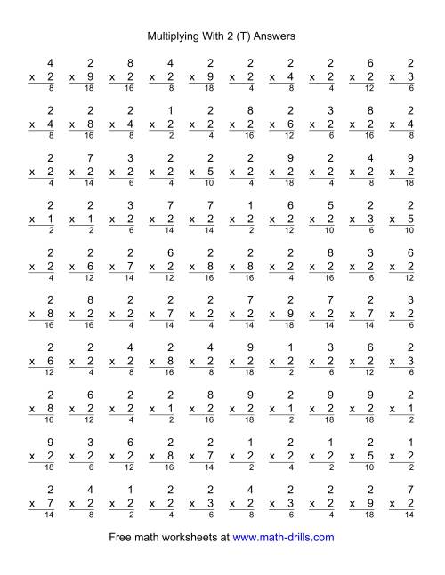 The 100 Vertical Questions -- Multiplication Facts -- 2 by 1-9 (T) Math Worksheet Page 2