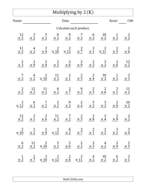 The Multiplying (1 to 12) by 2 (100 Questions) (K) Math Worksheet