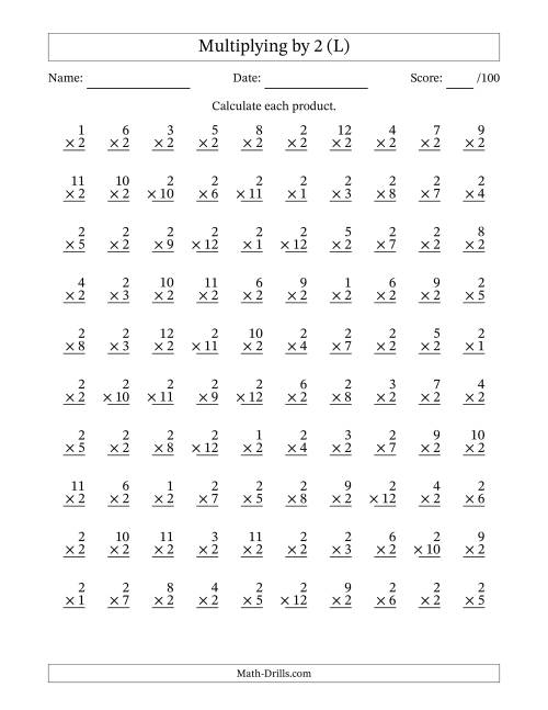 The Multiplying (1 to 12) by 2 (100 Questions) (L) Math Worksheet