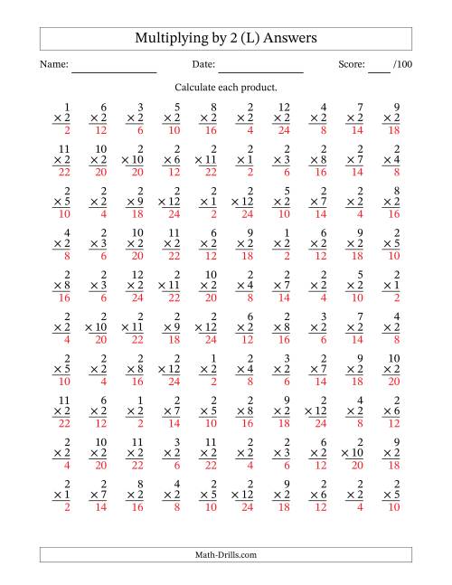The Multiplying (1 to 12) by 2 (100 Questions) (L) Math Worksheet Page 2