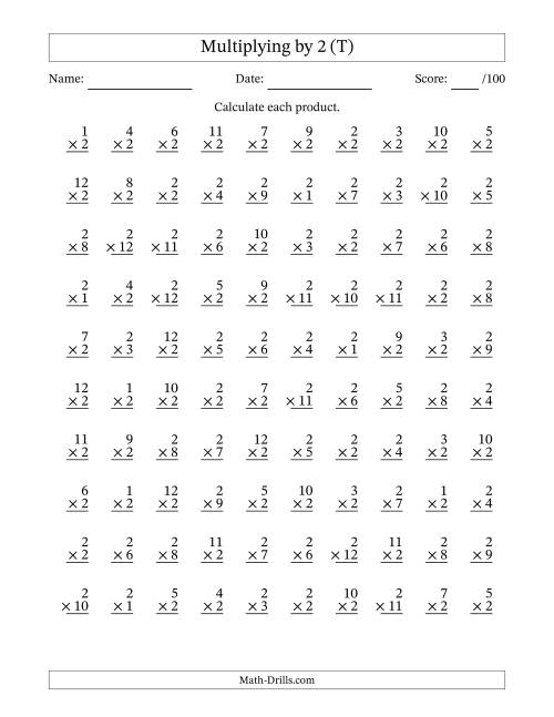 The Multiplying (1 to 12) by 2 (100 Questions) (T) Math Worksheet
