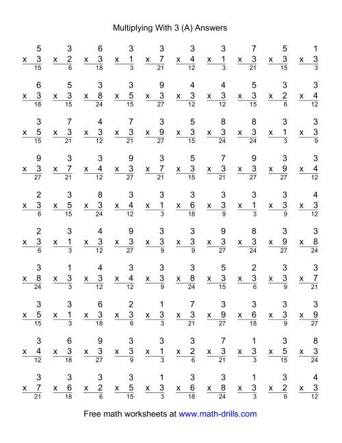 The 100 Vertical Questions -- Multiplication Facts -- 3 by 1-9 (A) Math Worksheet Page 2