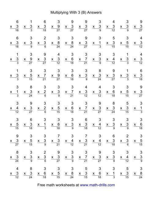 The 100 Vertical Questions -- Multiplication Facts -- 3 by 1-9 (B) Math Worksheet Page 2