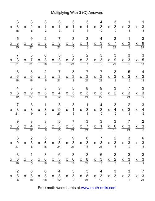 The 100 Vertical Questions -- Multiplication Facts -- 3 by 1-9 (C) Math Worksheet Page 2