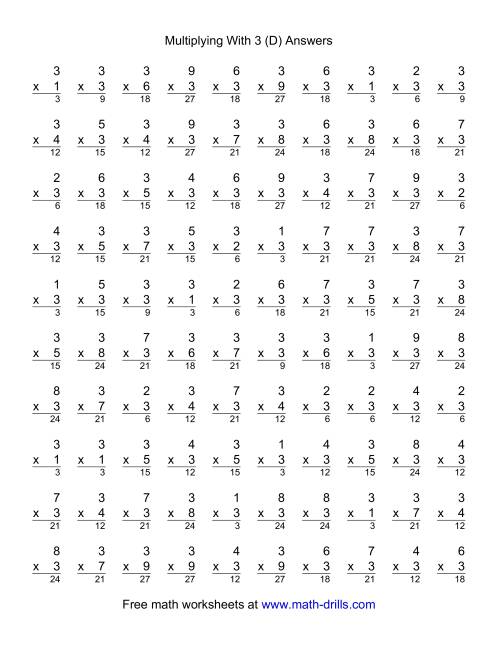 The 100 Vertical Questions -- Multiplication Facts -- 3 by 1-9 (D) Math Worksheet Page 2