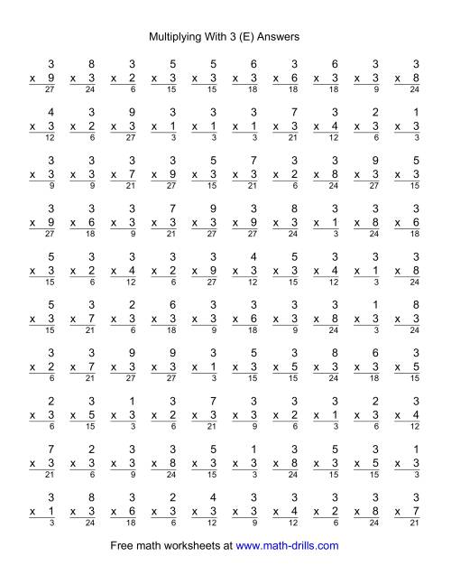 The 100 Vertical Questions -- Multiplication Facts -- 3 by 1-9 (E) Math Worksheet Page 2