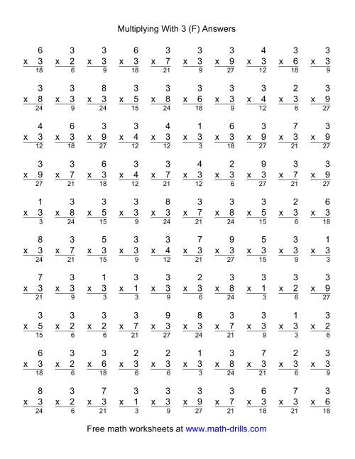 The 100 Vertical Questions -- Multiplication Facts -- 3 by 1-9 (F) Math Worksheet Page 2
