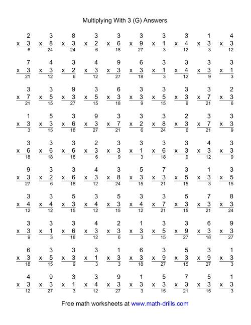 The 100 Vertical Questions -- Multiplication Facts -- 3 by 1-9 (G) Math Worksheet Page 2