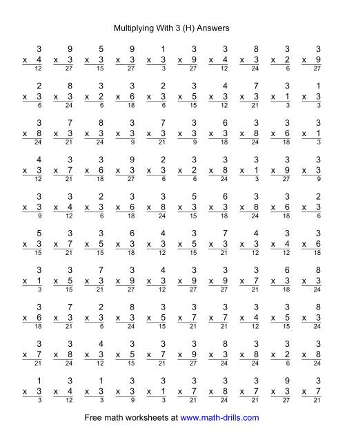The 100 Vertical Questions -- Multiplication Facts -- 3 by 1-9 (H) Math Worksheet Page 2
