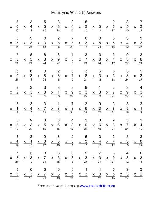 The 100 Vertical Questions -- Multiplication Facts -- 3 by 1-9 (I) Math Worksheet Page 2