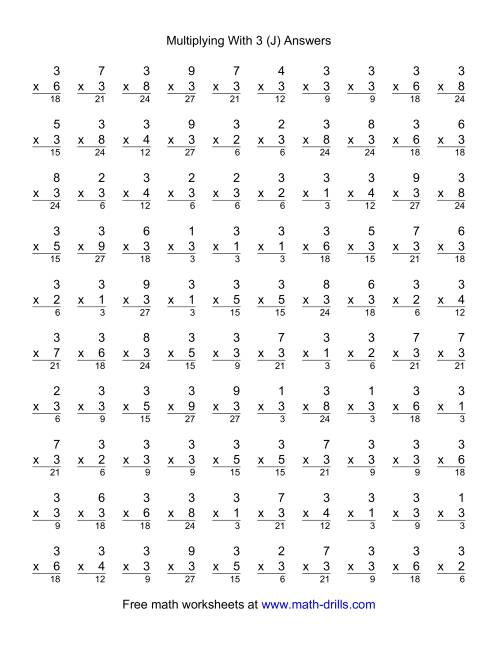 The 100 Vertical Questions -- Multiplication Facts -- 3 by 1-9 (J) Math Worksheet Page 2