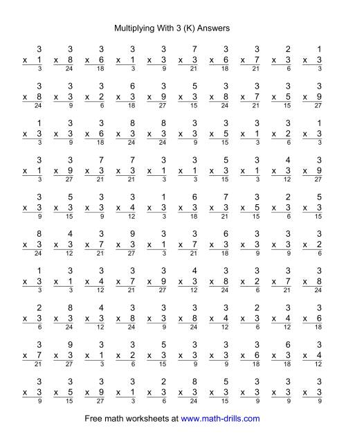 The 100 Vertical Questions -- Multiplication Facts -- 3 by 1-9 (K) Math Worksheet Page 2