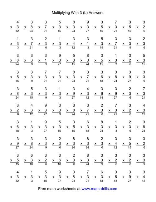 The 100 Vertical Questions -- Multiplication Facts -- 3 by 1-9 (L) Math Worksheet Page 2