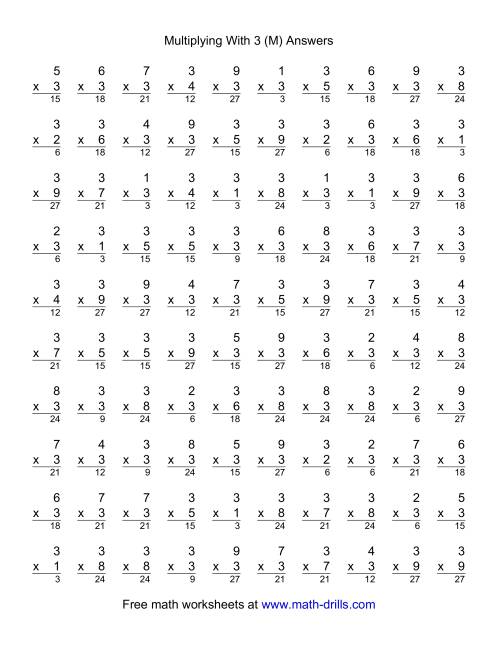 The 100 Vertical Questions -- Multiplication Facts -- 3 by 1-9 (M) Math Worksheet Page 2