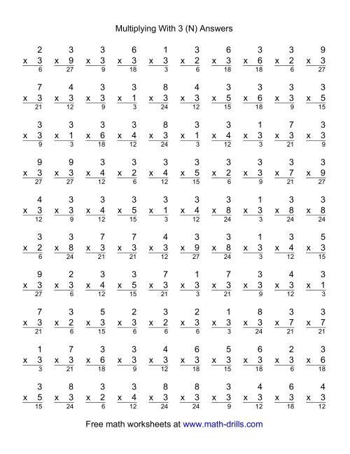The 100 Vertical Questions -- Multiplication Facts -- 3 by 1-9 (N) Math Worksheet Page 2