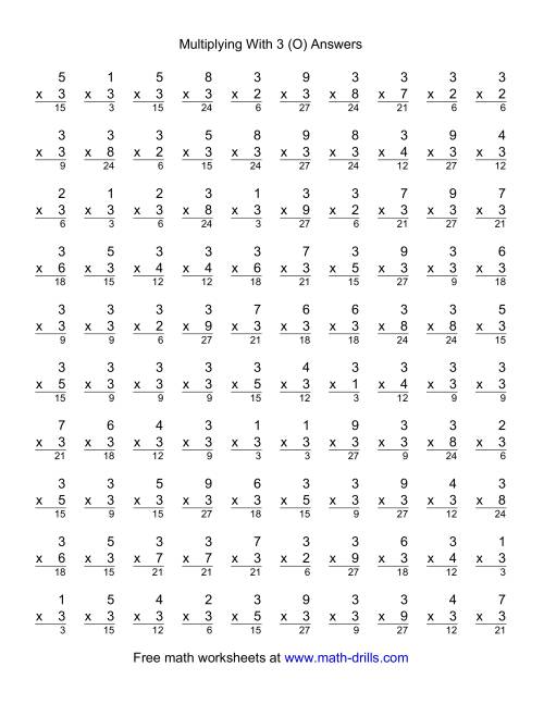The 100 Vertical Questions -- Multiplication Facts -- 3 by 1-9 (O) Math Worksheet Page 2