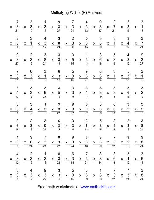 The 100 Vertical Questions -- Multiplication Facts -- 3 by 1-9 (P) Math Worksheet Page 2