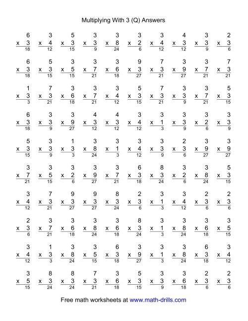 The 100 Vertical Questions -- Multiplication Facts -- 3 by 1-9 (Q) Math Worksheet Page 2
