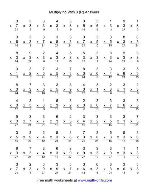 The 100 Vertical Questions -- Multiplication Facts -- 3 by 1-9 (R) Math Worksheet Page 2