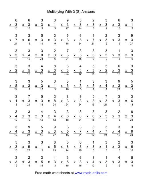 The 100 Vertical Questions -- Multiplication Facts -- 3 by 1-9 (S) Math Worksheet Page 2