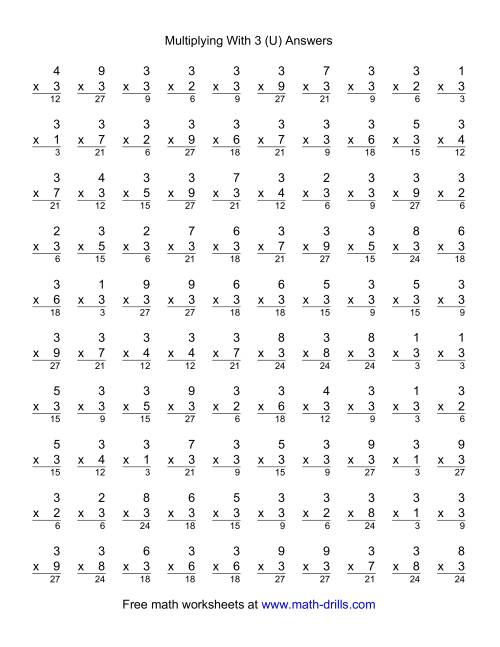 The 100 Vertical Questions -- Multiplication Facts -- 3 by 1-9 (U) Math Worksheet Page 2