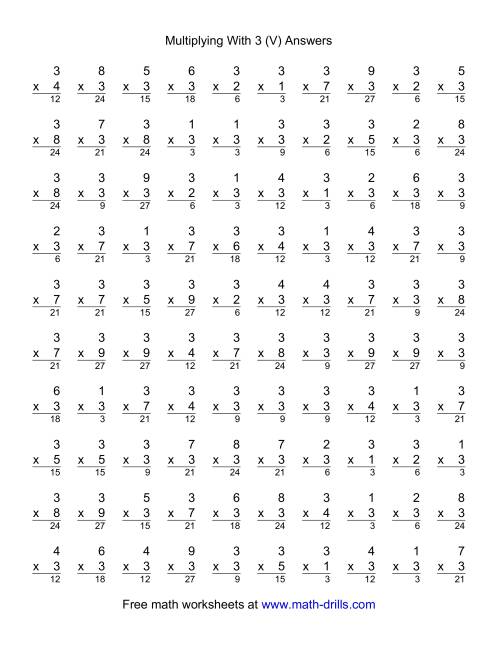 The 100 Vertical Questions -- Multiplication Facts -- 3 by 1-9 (V) Math Worksheet Page 2