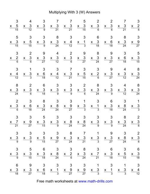 The 100 Vertical Questions -- Multiplication Facts -- 3 by 1-9 (W) Math Worksheet Page 2
