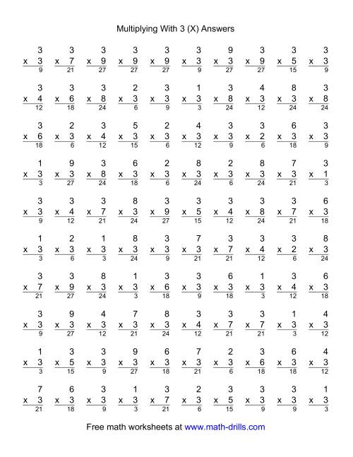 The 100 Vertical Questions -- Multiplication Facts -- 3 by 1-9 (X) Math Worksheet Page 2
