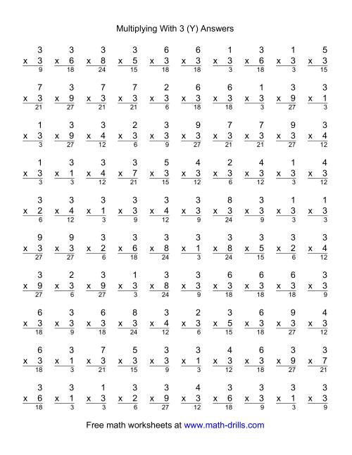 The 100 Vertical Questions -- Multiplication Facts -- 3 by 1-9 (Y) Math Worksheet Page 2