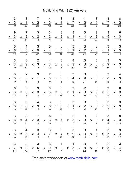 The 100 Vertical Questions -- Multiplication Facts -- 3 by 1-9 (Z) Math Worksheet Page 2