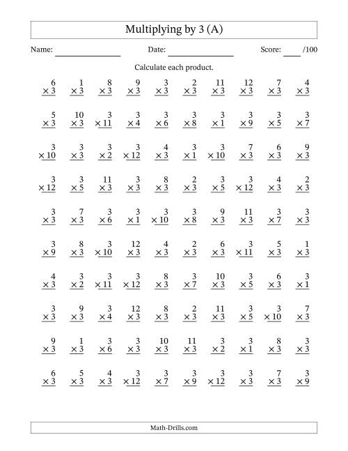 multiplying 1 to 12 by 3 100 questions a