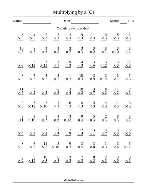 Multiplying 1 To 12 By 3 100 Questions C 