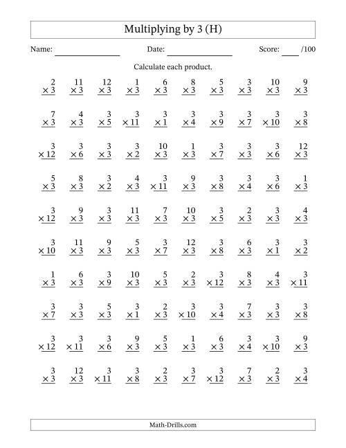 The Multiplying (1 to 12) by 3 (100 Questions) (H) Math Worksheet
