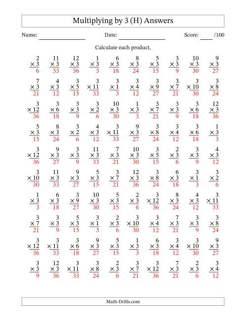 The Multiplying (1 to 12) by 3 (100 Questions) (H) Math Worksheet Page 2