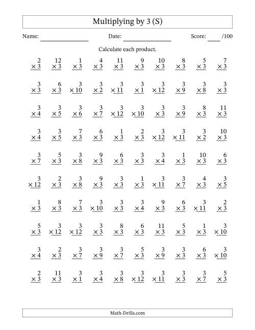 The Multiplying (1 to 12) by 3 (100 Questions) (S) Math Worksheet