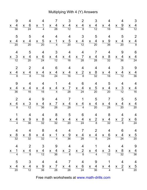 The 100 Vertical Questions -- Multiplication Facts -- 4 by 1-9 (Y) Math Worksheet Page 2