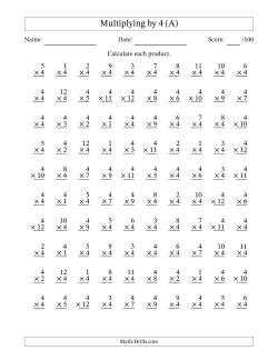 Multiplying (1 to 12) by 4 (100 Questions)
