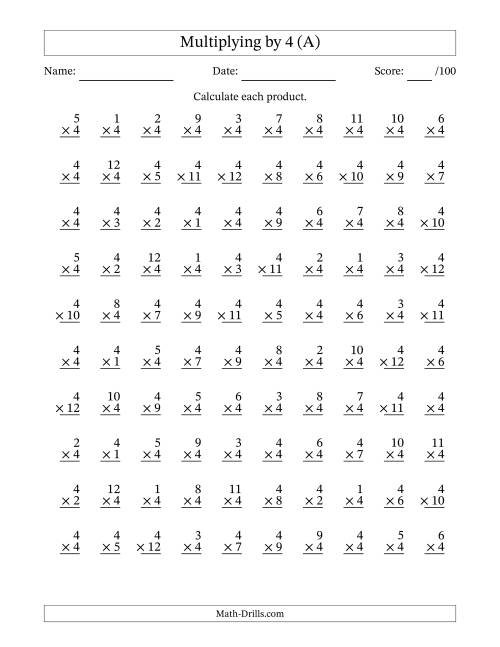 multiplying 1 to 12 by 4 100 questions a