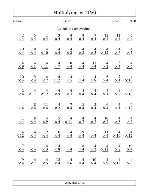 The Multiplying (1 to 12) by 4 (100 Questions) (W) Math Worksheet