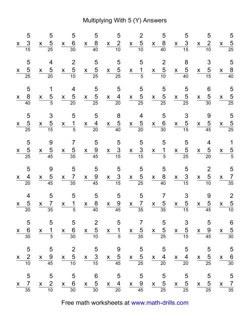 The 100 Vertical Questions -- Multiplication Facts -- 5 by 1-9 (Y) Math Worksheet Page 2