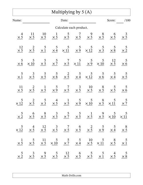 The Multiplying (1 to 12) by 5 (100 Questions) (A) Math Worksheet