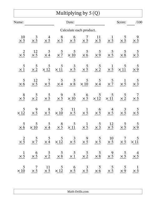 The Multiplying (1 to 12) by 5 (100 Questions) (Q) Math Worksheet