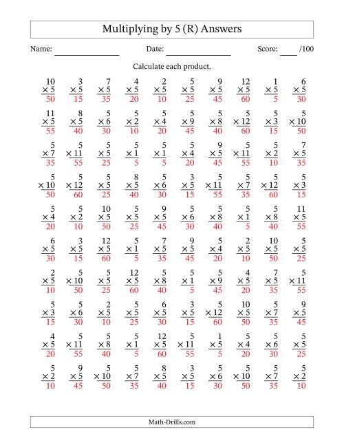 The Multiplying (1 to 12) by 5 (100 Questions) (R) Math Worksheet Page 2