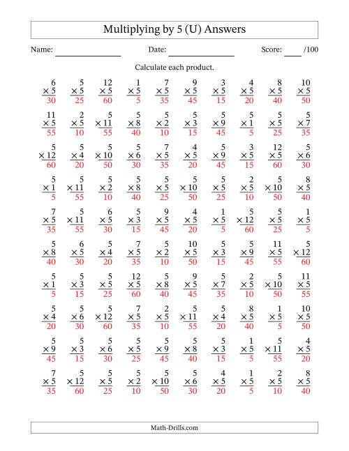 The Multiplying (1 to 12) by 5 (100 Questions) (U) Math Worksheet Page 2